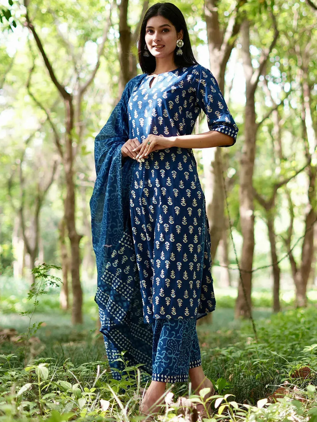Libas Blue Printed Cotton Straight Suit Set With Dupatta