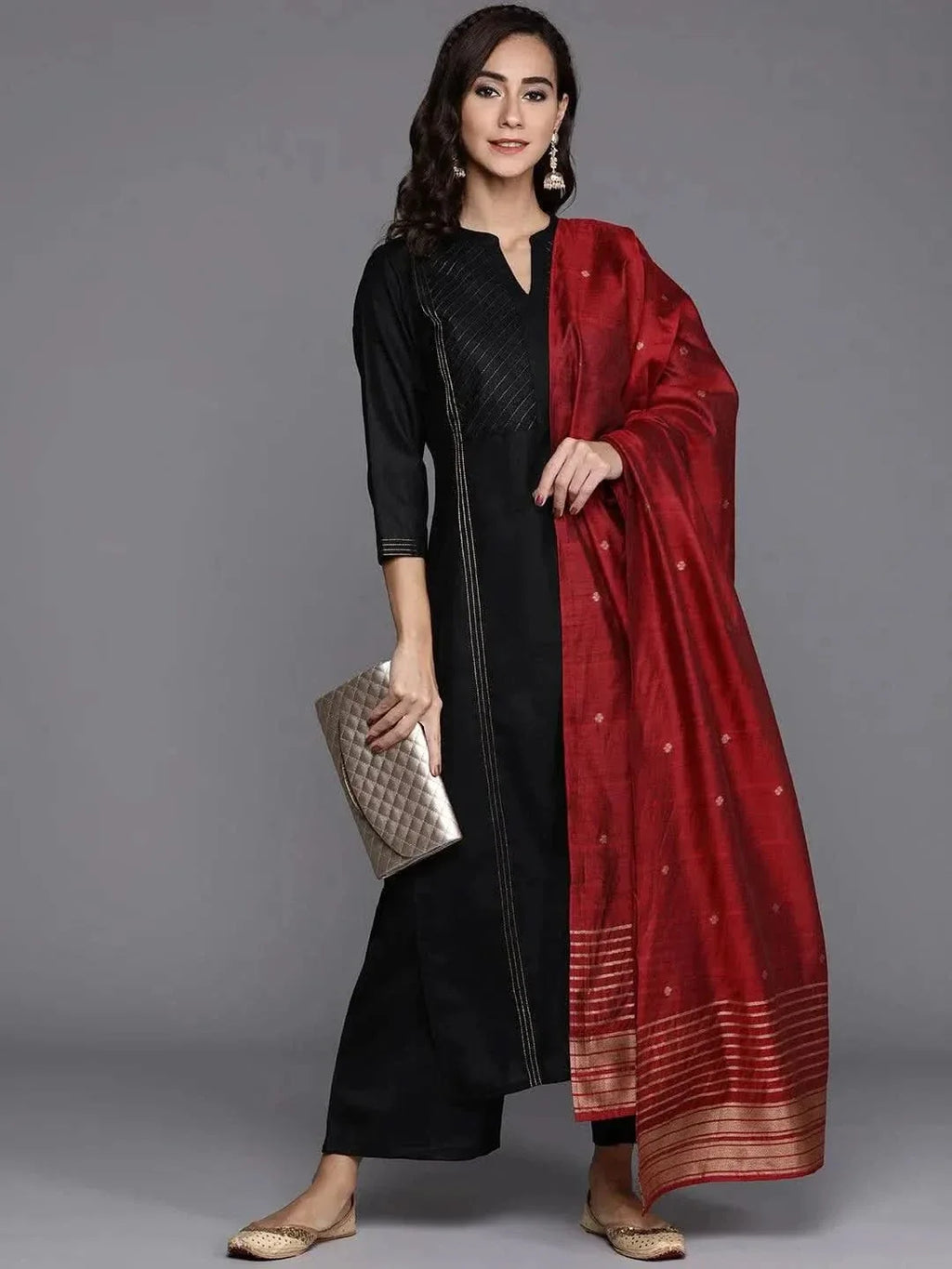 Gerua Black Solid Cotton Blend Straight Kurta With Palazzos & Dupatta
