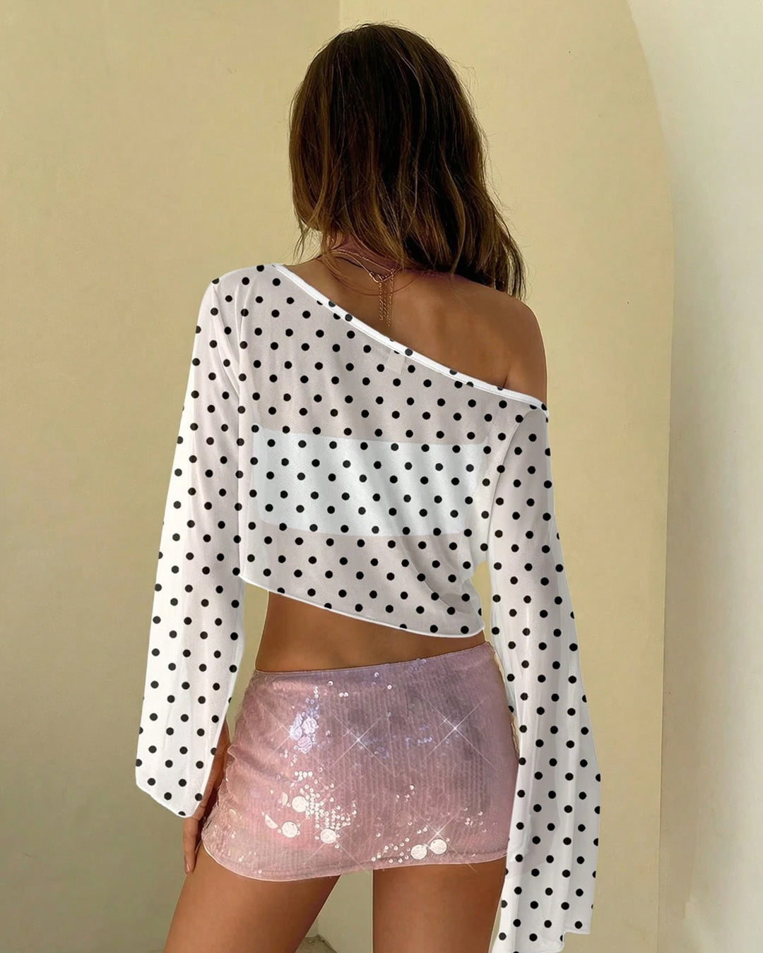 XS Polka Dot One-Shoulder Asymmetrical Flared Full sleeves Crop Top in Classic White CT98