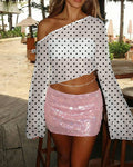 XS Polka Dot One-Shoulder Asymmetrical Flared Full sleeves Crop Top in Classic White CT98