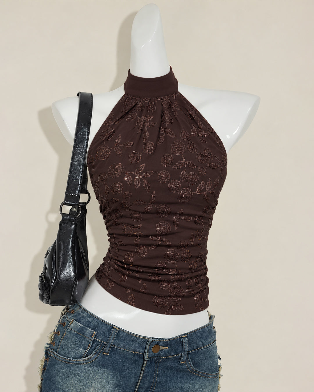 XS Halter Neck Ruched Open Back Tie Top in Espresso Brown H54