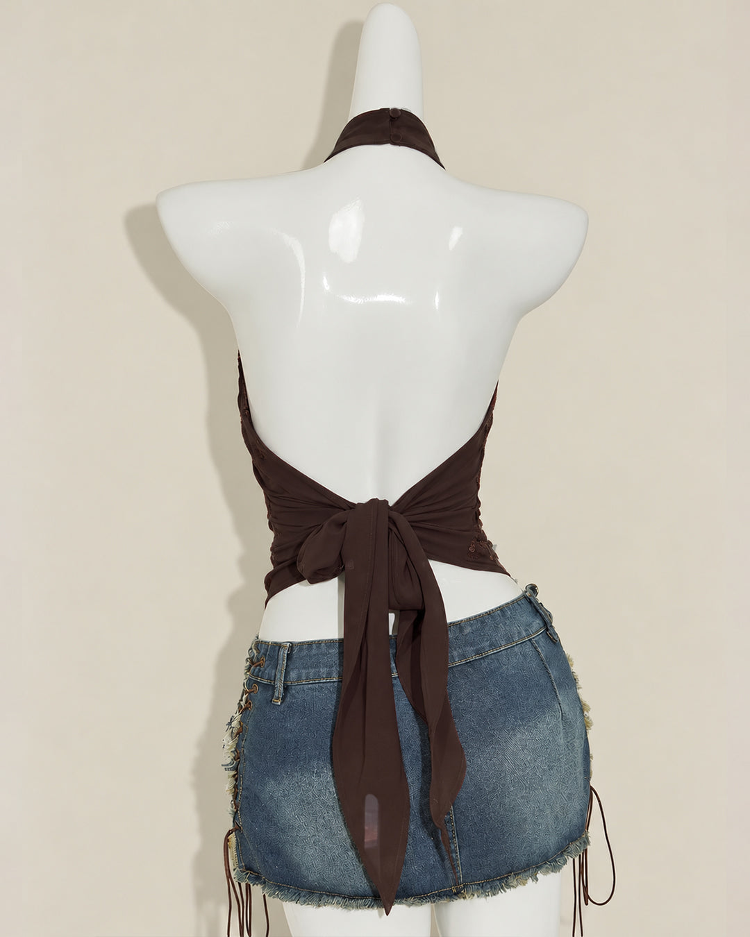 XS Halter Neck Ruched Open Back Tie Top in Espresso Brown H54