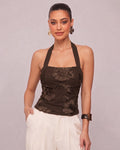 XS Floral Embroidered Halter Neck Ruched Top in Coffee Brown H54