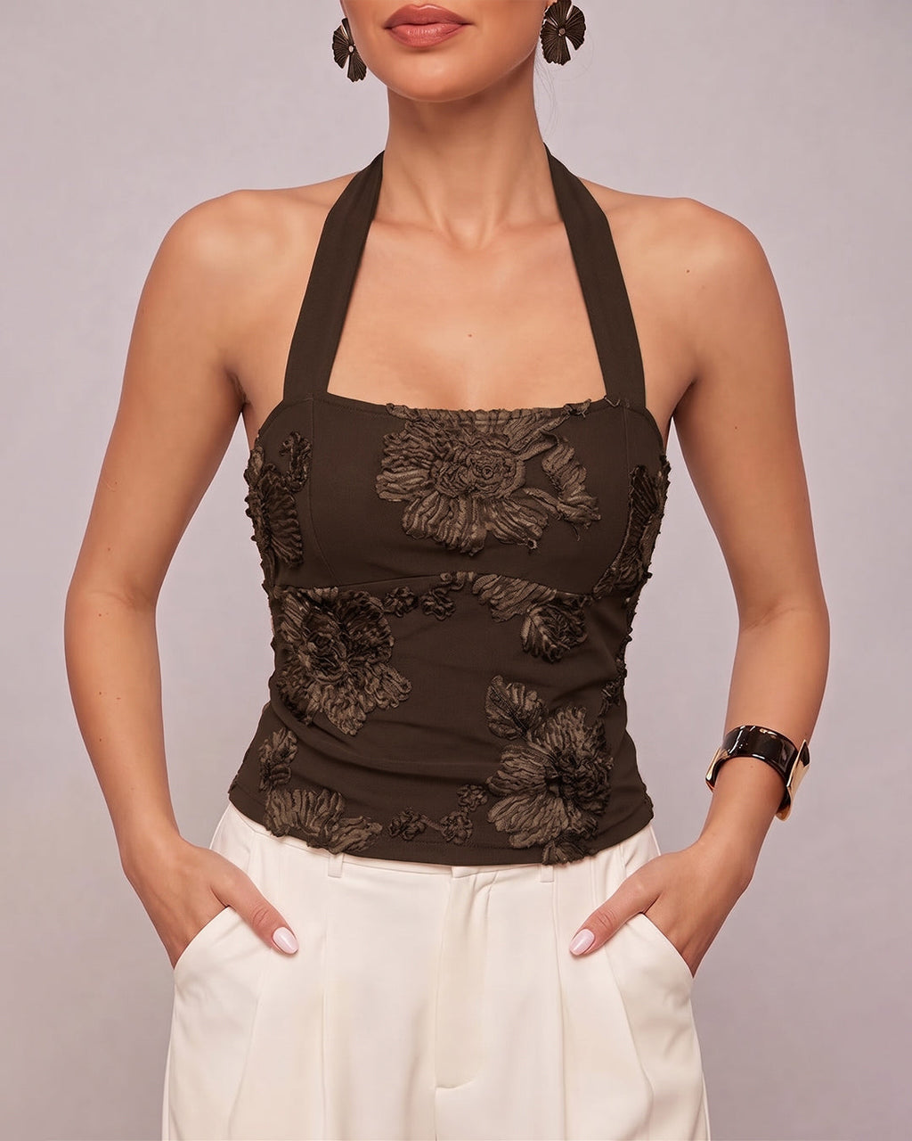 XS Floral Embroidered Halter Neck Ruched Top in Coffee Brown H54