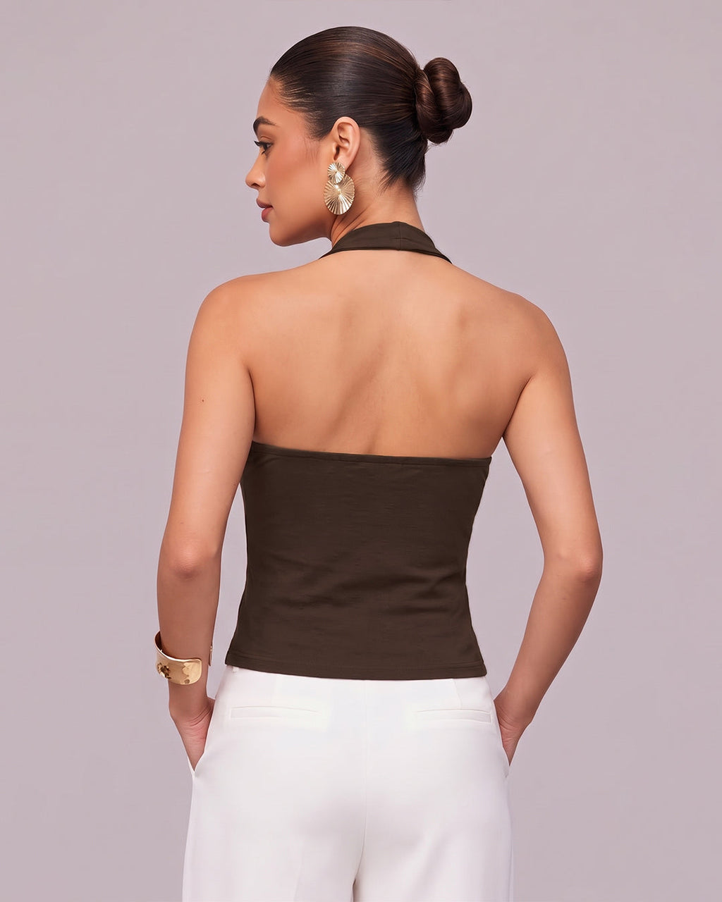 XS Floral Embroidered Halter Neck Ruched Top in Coffee Brown H54