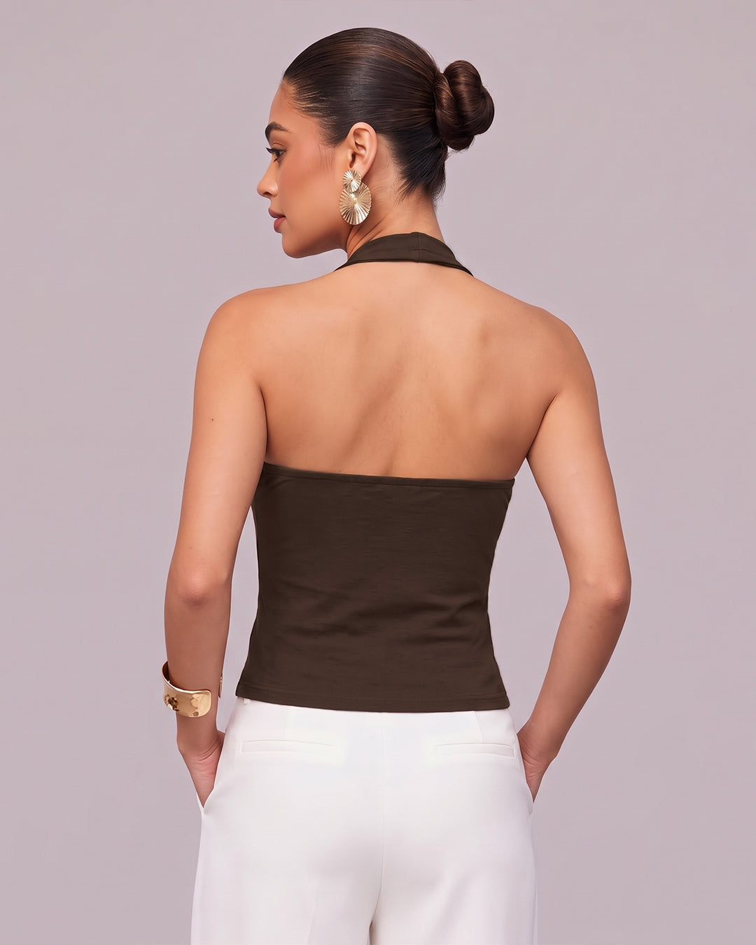 XS Floral Embroidered Halter Neck Ruched Top in Coffee Brown H54