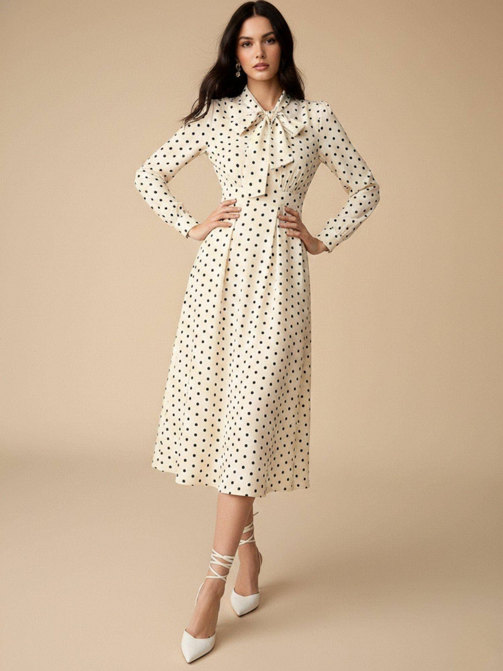 Cream Full Sleeves Neck Tie-Up Dress | D56 - view 1