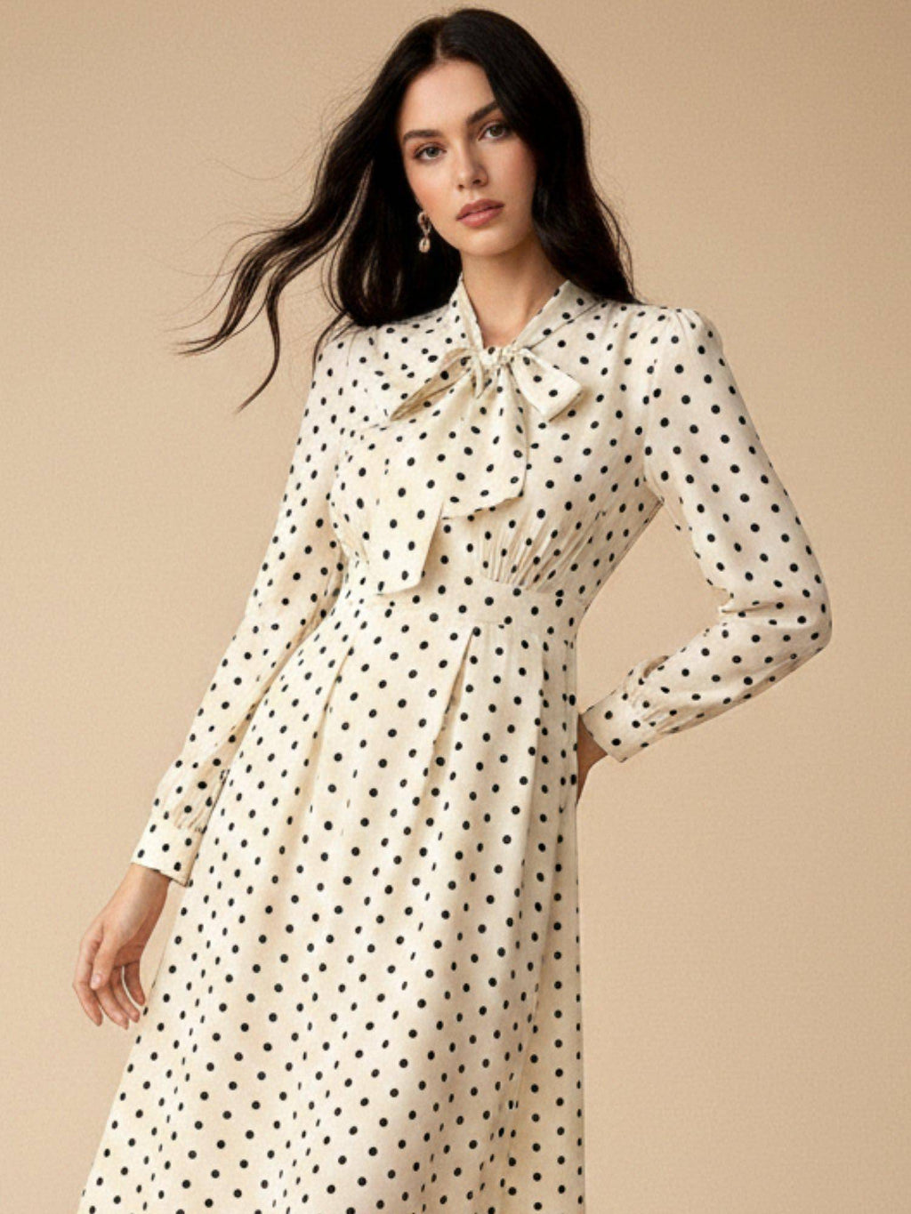 Cream Full Sleeves Neck Tie-Up Dress | D56 - view 2