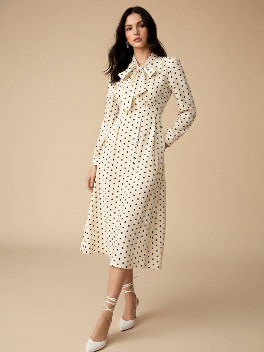 Cream Full Sleeves Neck Tie-Up Dress | D56 - view 3