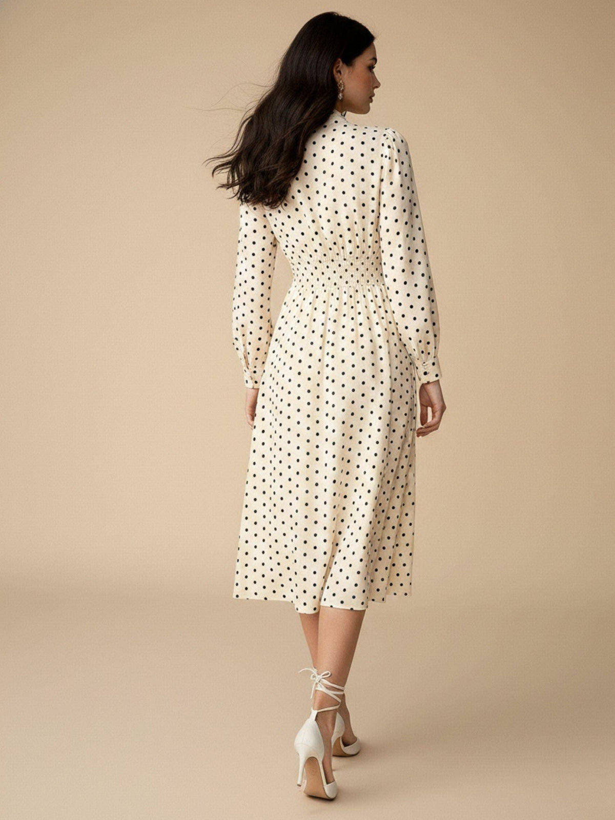 Cream Full Sleeves Neck Tie-Up Dress | D56 - view 4