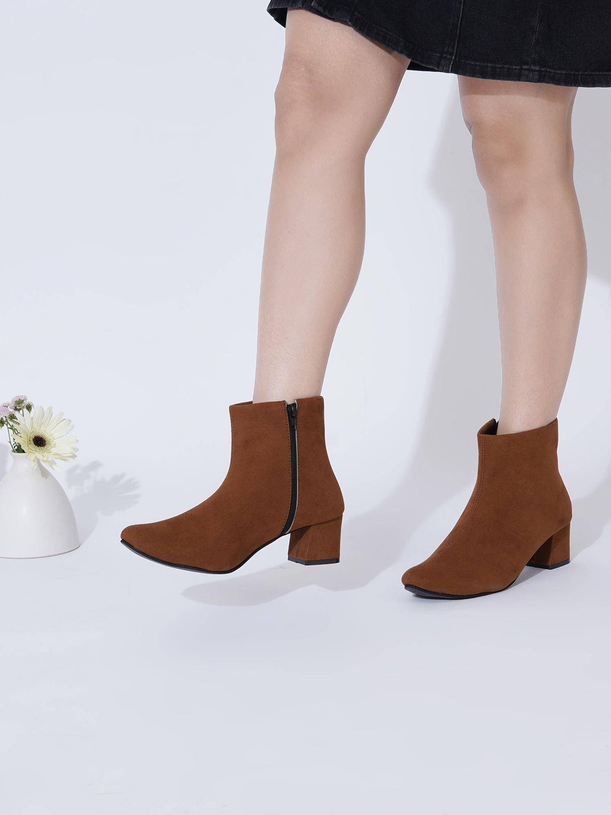 Tan Block Heel Casual Boots with Side Zipper for Women | BT61 - view 3