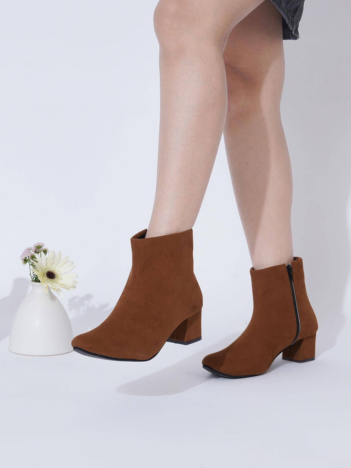Tan Block Heel Casual Boots with Side Zipper for Women | BT61 - view 4
