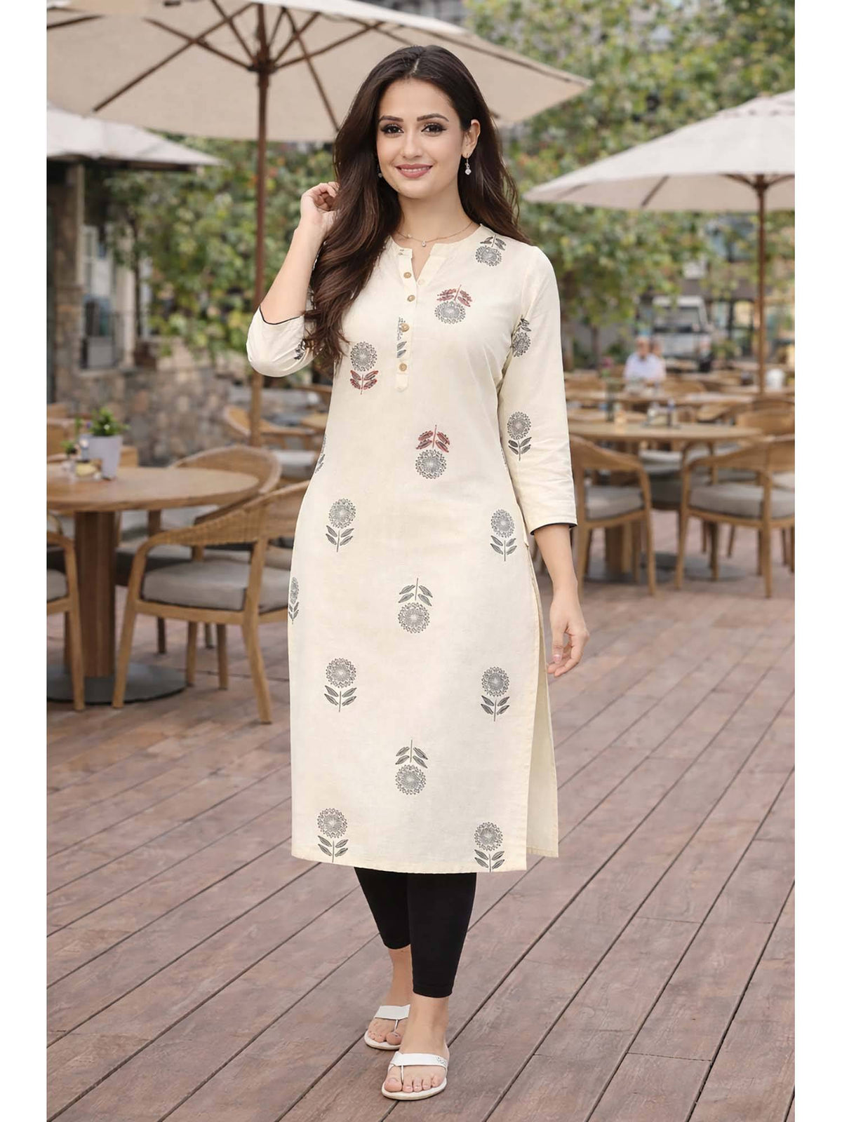 Beige Floral Cotton Kurta | U3S - view 6