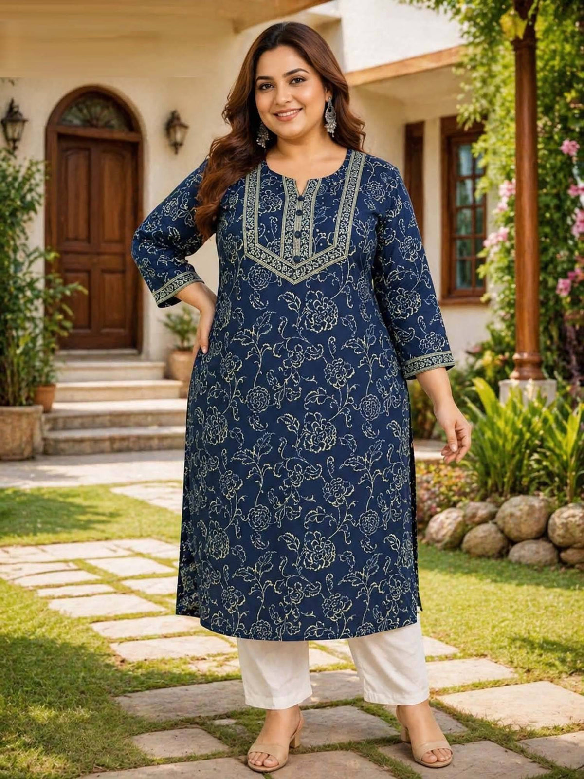 Blue Floral Cotton Kurta | FY93 - view 1