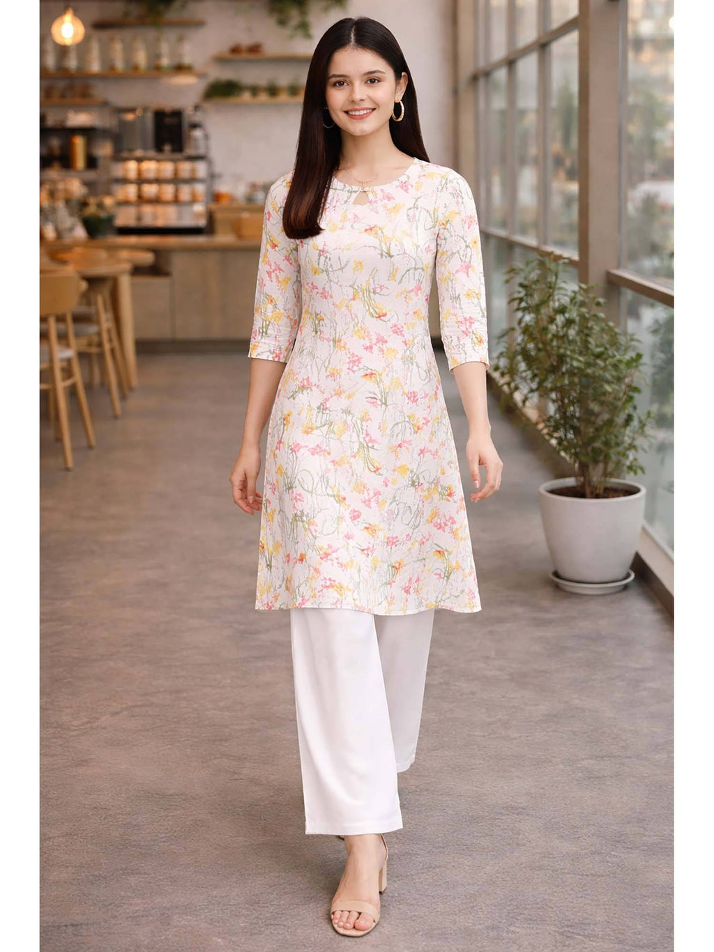 White Floral Cotton Kurta | FY93 - view 1