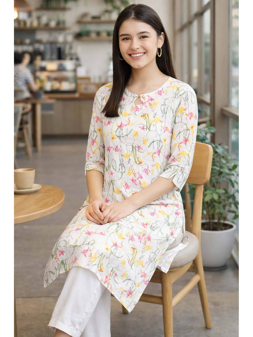 White Floral Cotton Kurta | FY93 - view 2