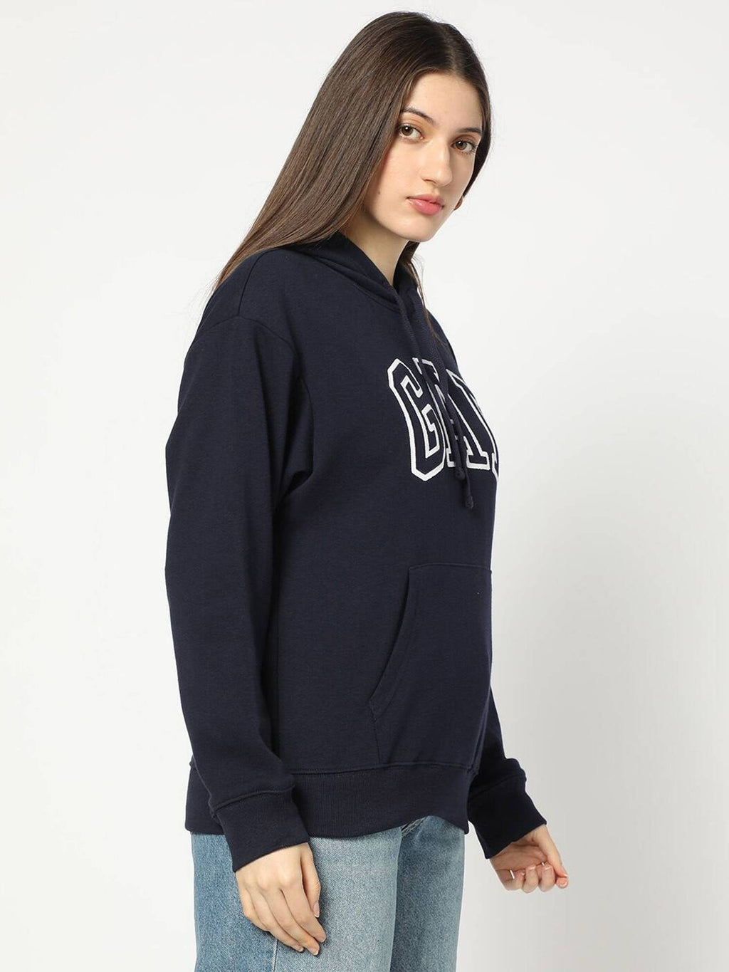 Women Navy Blue Logo Relaxed Fit Hooded Hoodie | HD56 - view 3