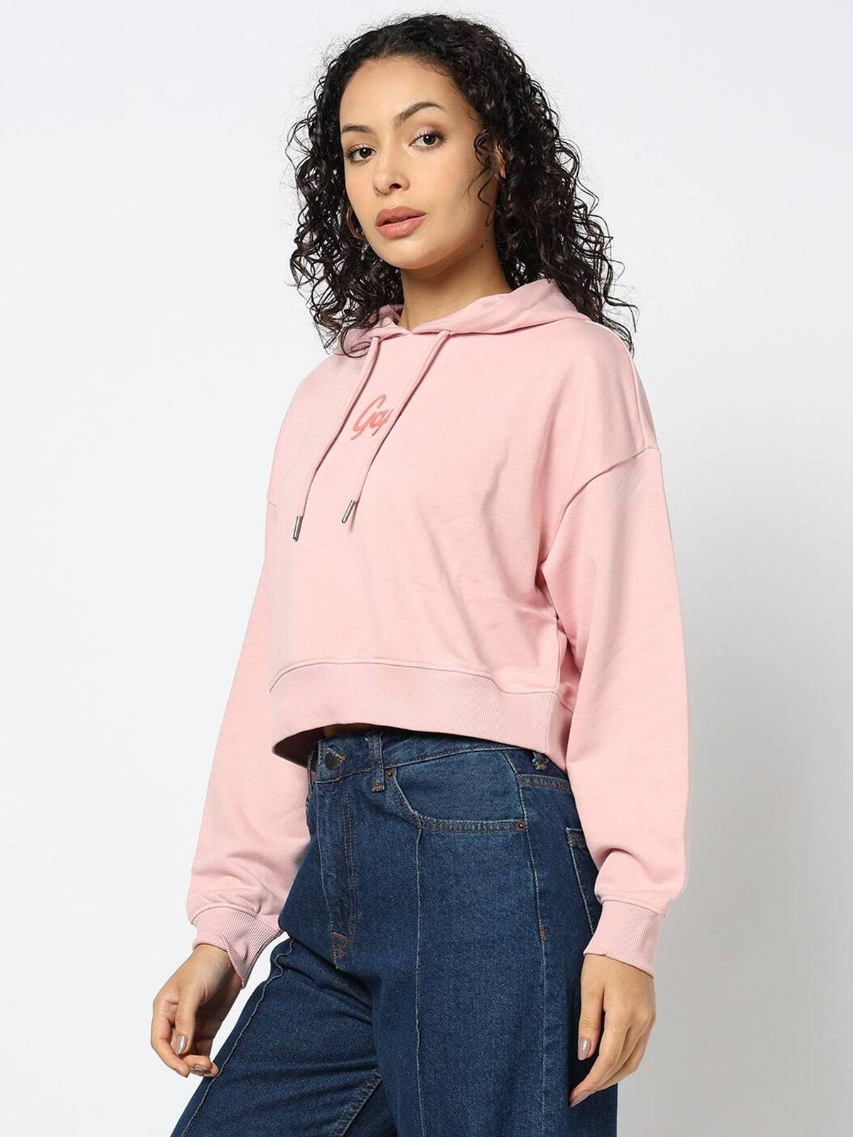 Women Pink Typographic Relaxed Fit Drop-Shoulder Hoodie | HD56 - view 3