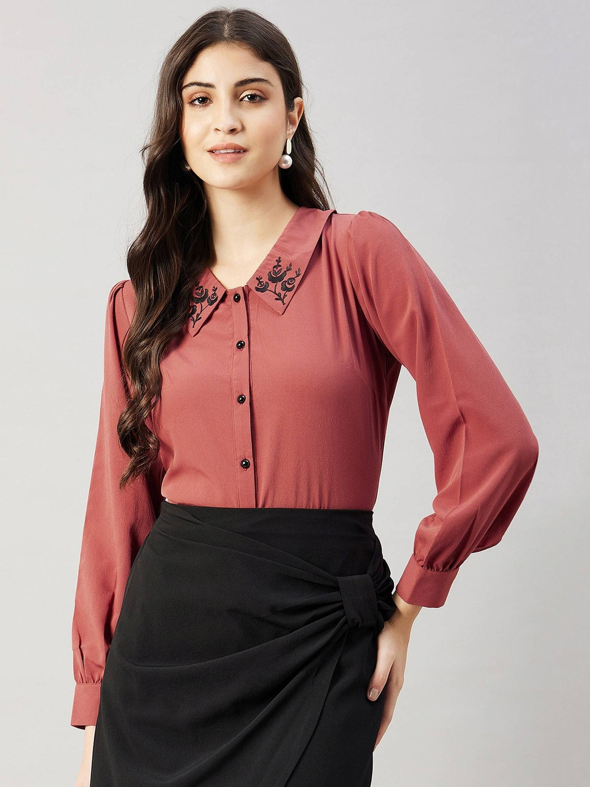 Women Blue Collared Contrast Embroidery Shirt | S67 - view 13