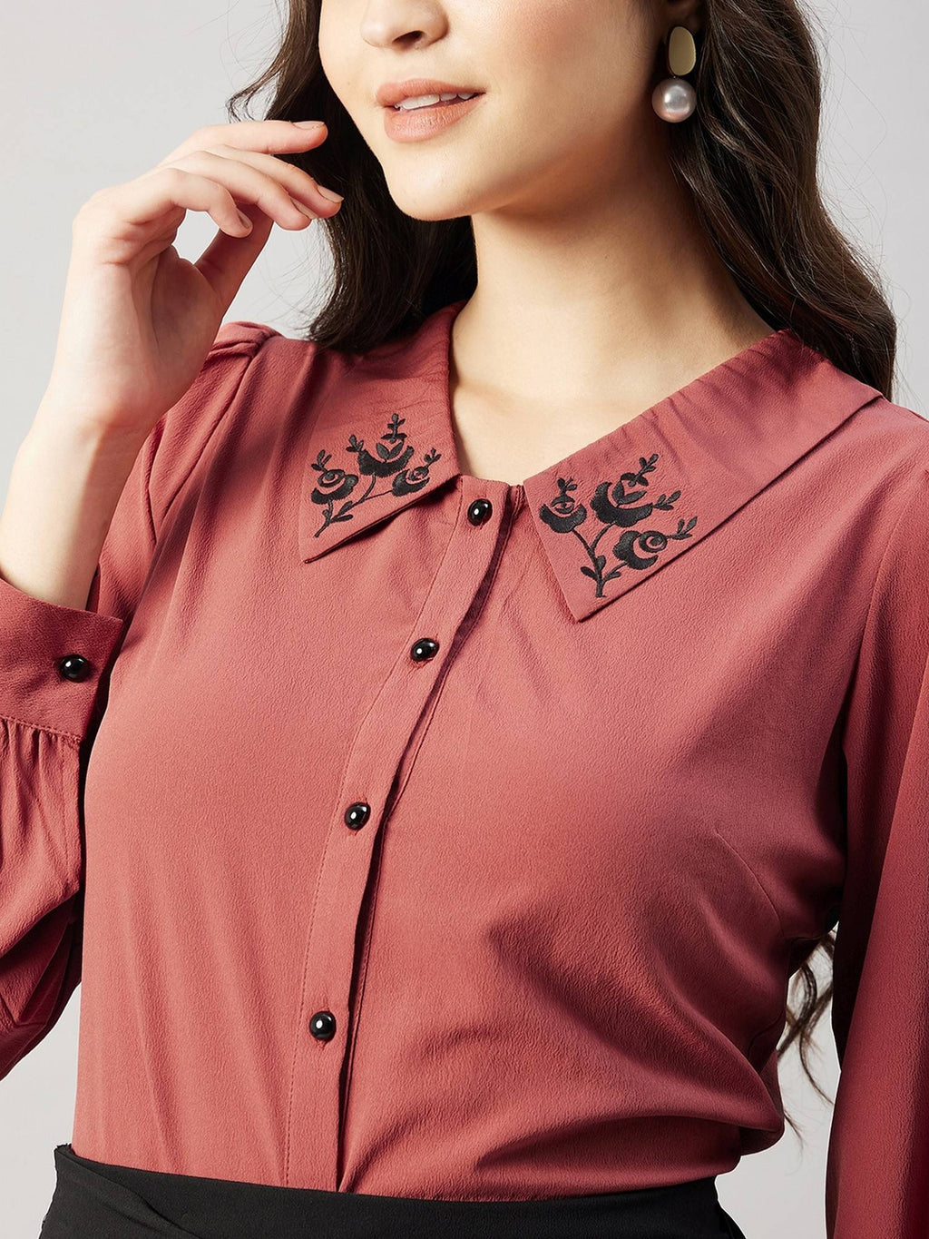 Women Blue Collared Contrast Embroidery Shirt | S67 - view 15