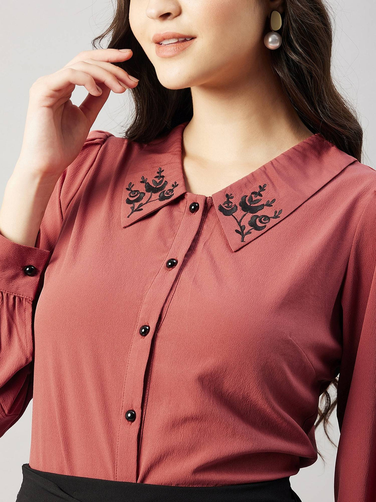 Women Blue Collared Contrast Embroidery Shirt | S67 - view 15