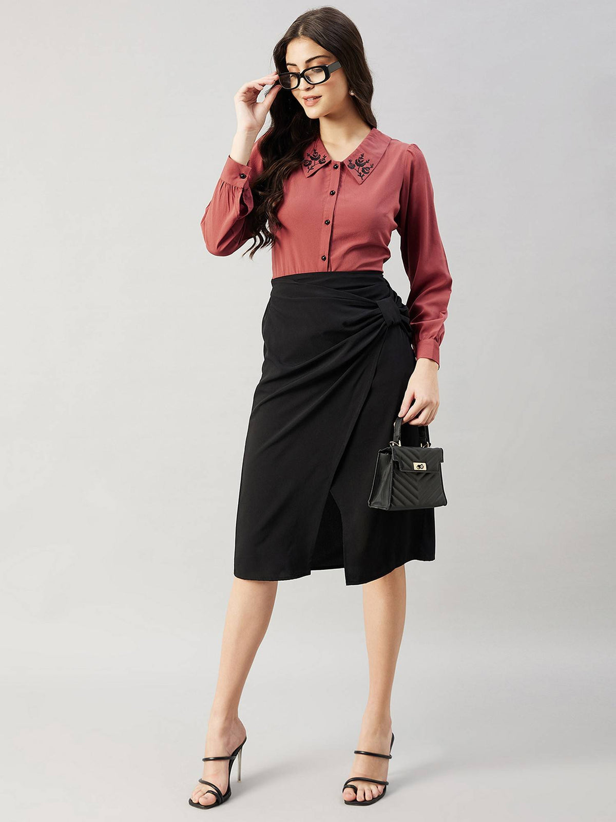 Women Blue Collared Contrast Embroidery Shirt | S67 - view 16