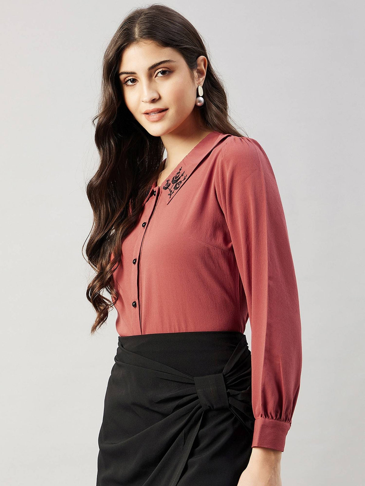 Women Blue Collared Contrast Embroidery Shirt | S67 - view 17