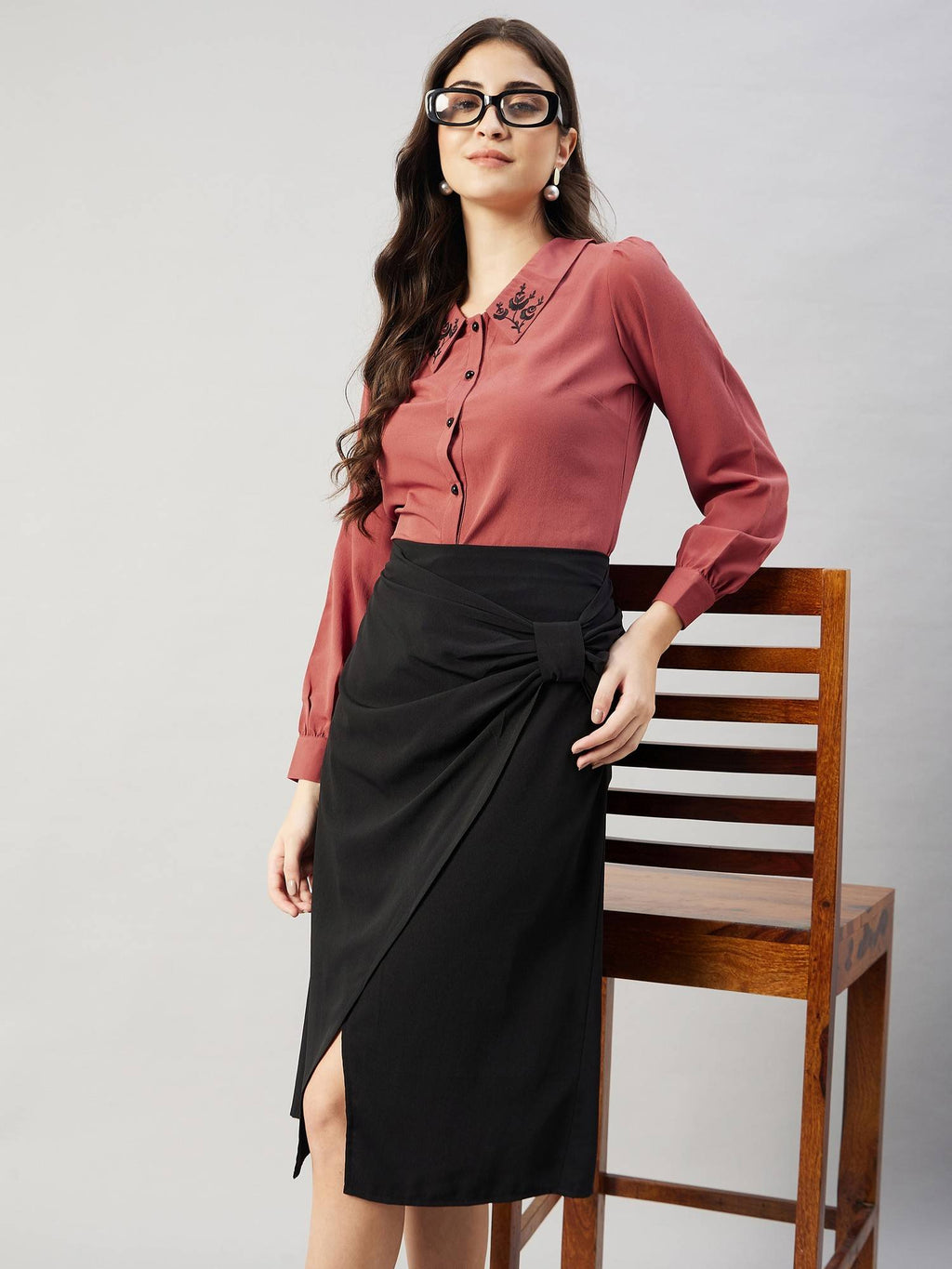 Women Blue Collared Contrast Embroidery Shirt | S67 - view 18