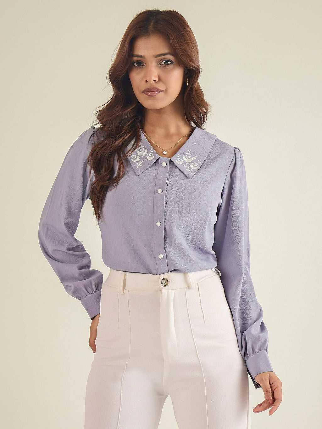 Women Brown Collared Contrast Embroidery Shirt | S67 - view 56
