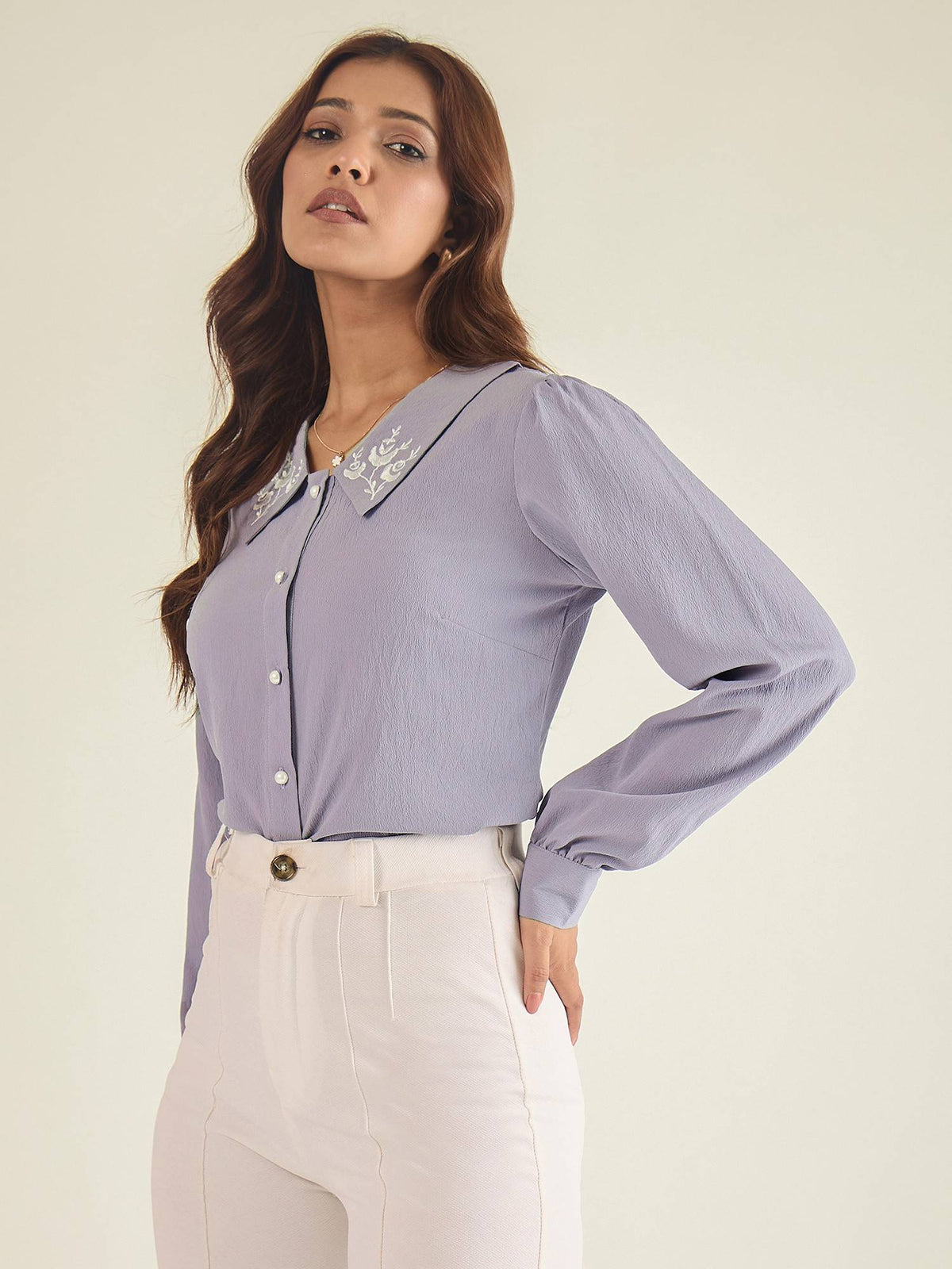 Women Brown Collared Contrast Embroidery Shirt | S67 - view 57