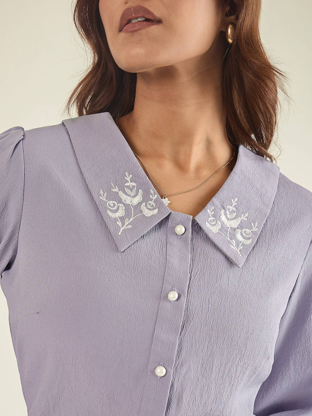 Women Brown Collared Contrast Embroidery Shirt | S67 - view 59