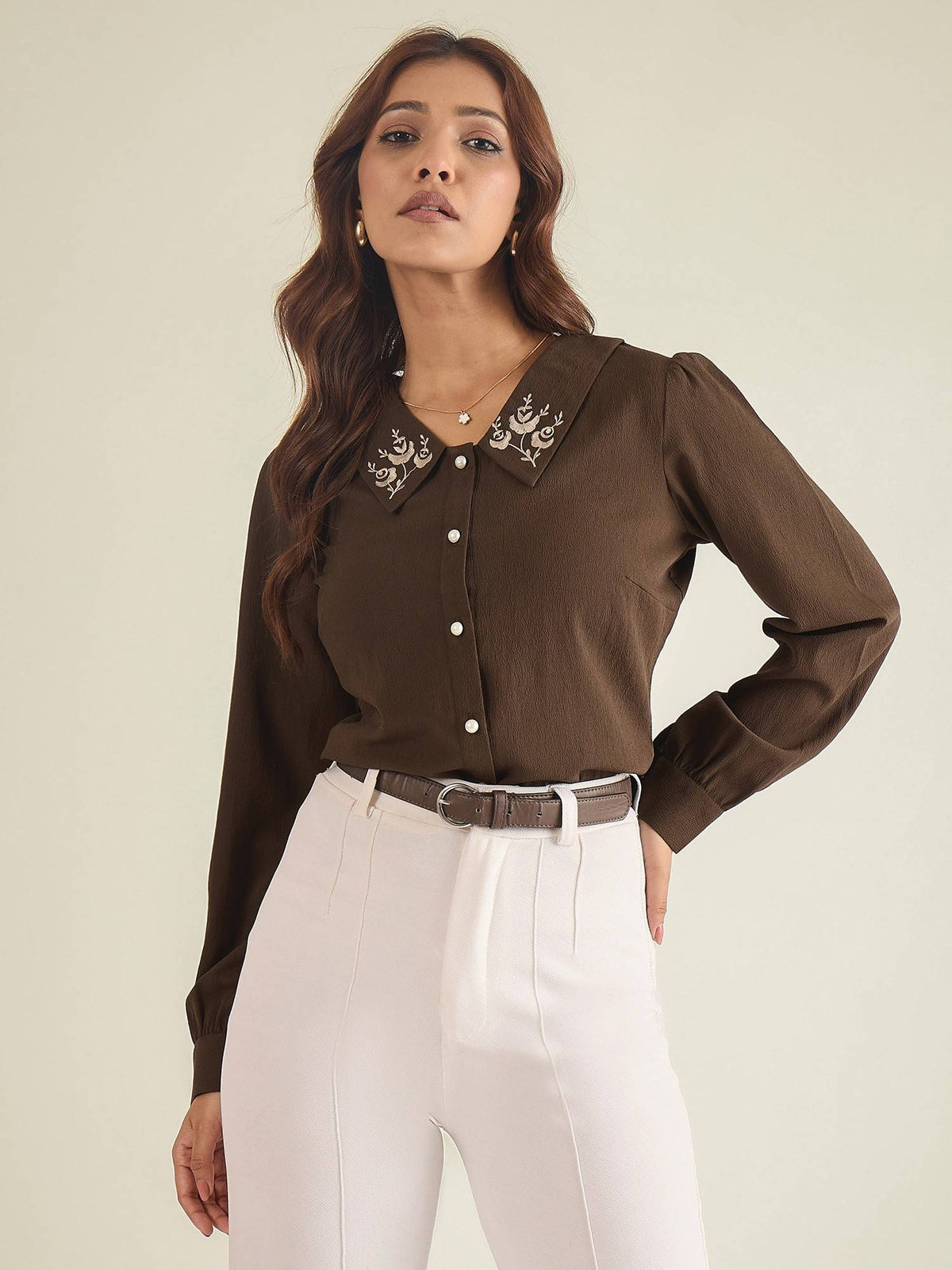 Women Brown Collared Contrast Embroidery Shirt | S67 - view 1