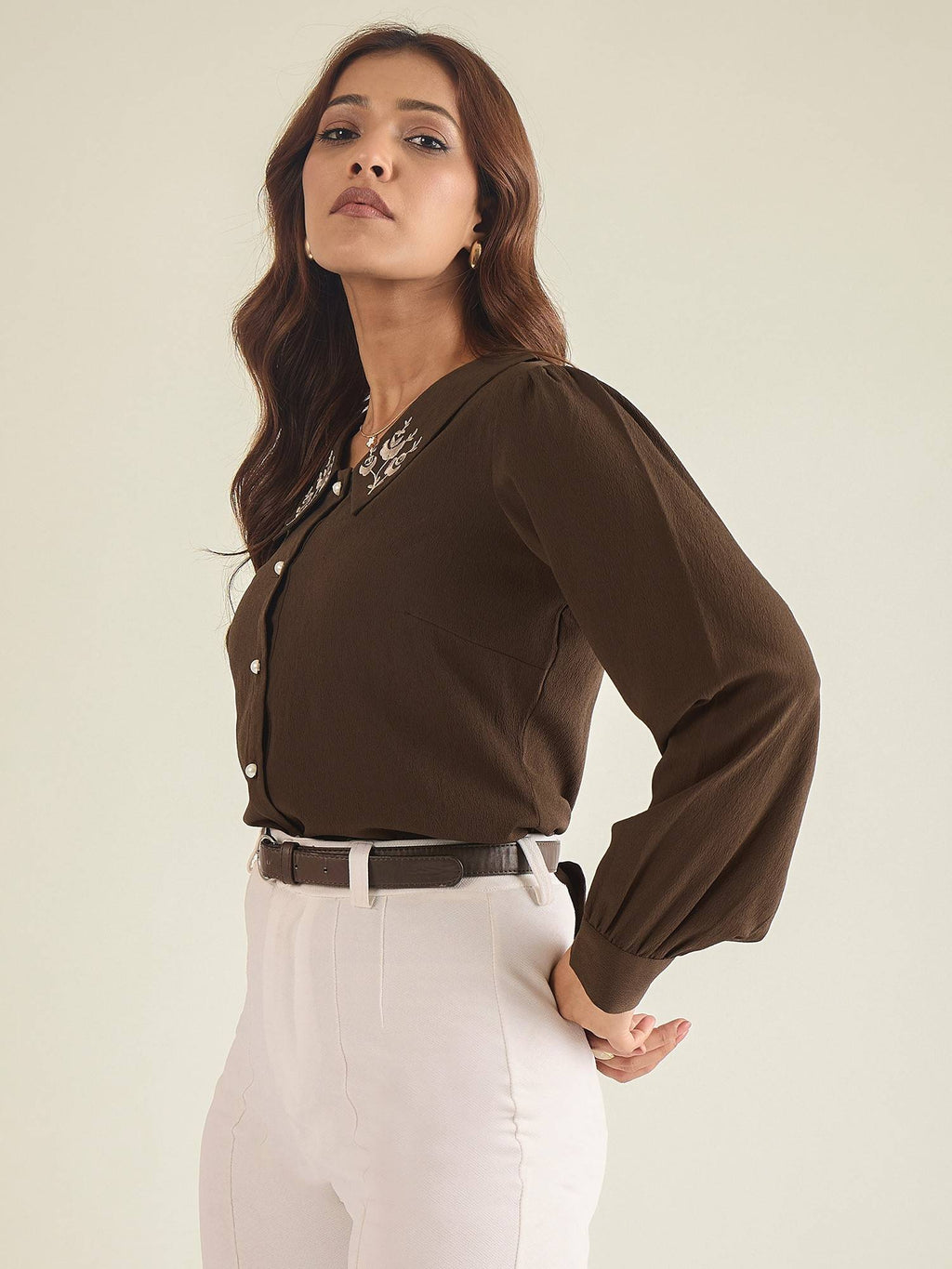 Women Brown Collared Contrast Embroidery Shirt | S67 - view 3