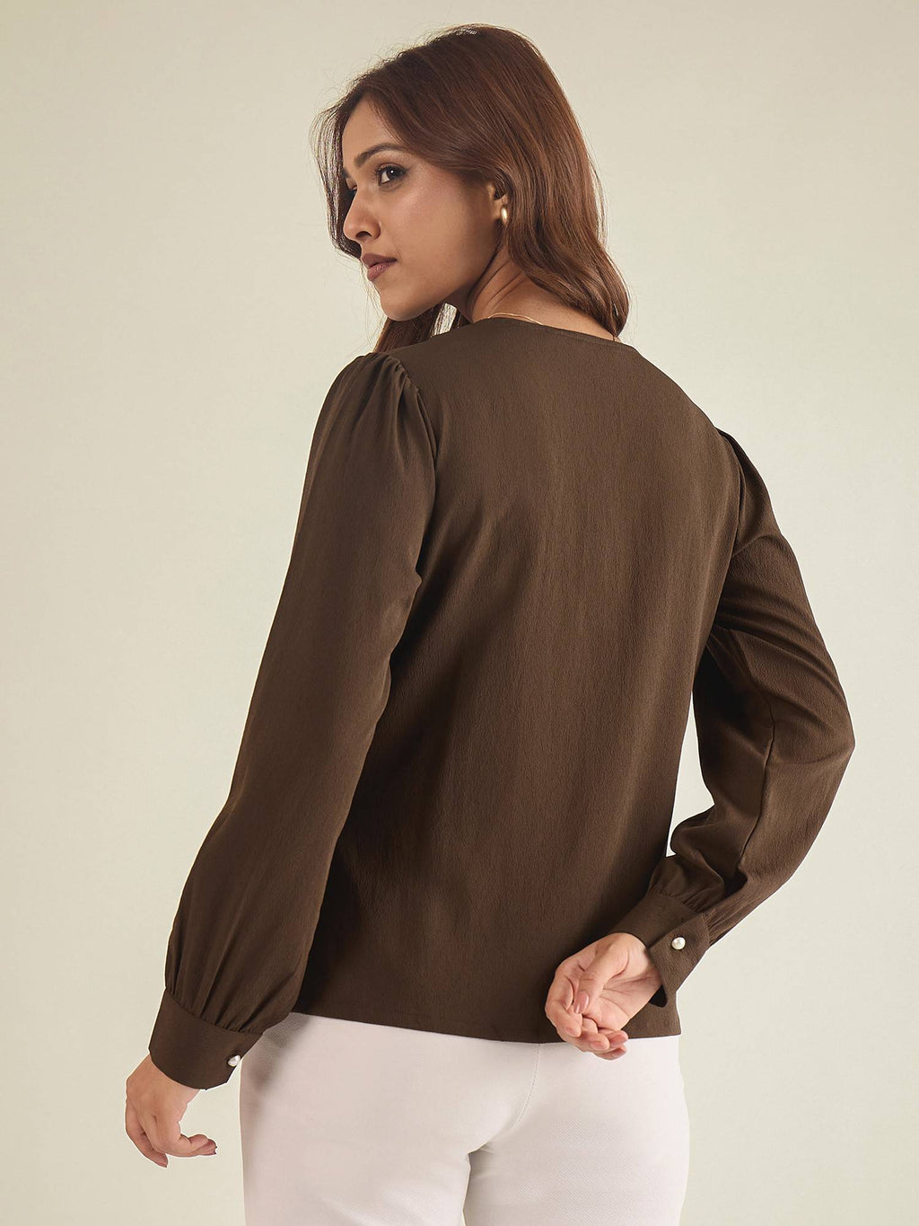 Women Brown Collared Contrast Embroidery Shirt | S67 - view 4