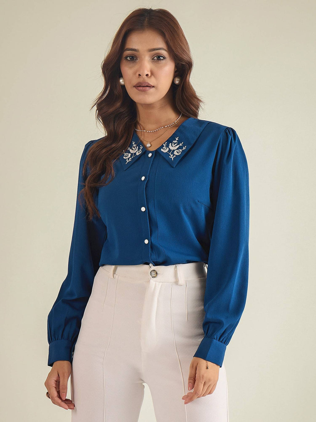 Women Blue Collared Contrast Embroidery Shirt | S67 - view 1