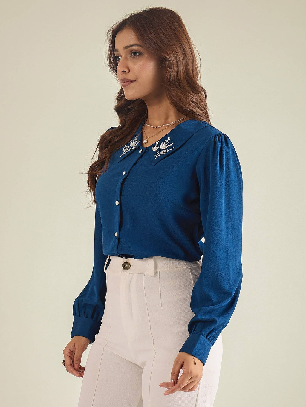 Women Blue Collared Contrast Embroidery Shirt | S67 - view 3