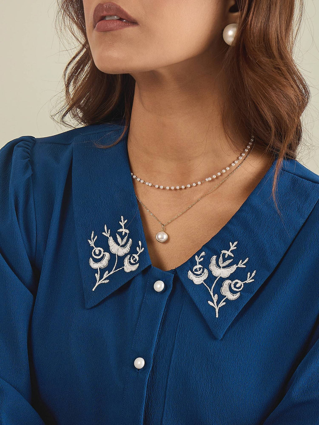 Women Blue Collared Contrast Embroidery Shirt | S67 - view 5