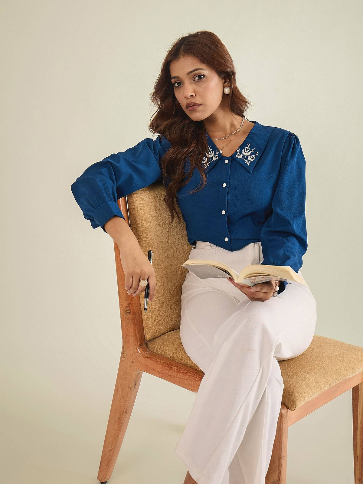 Women Blue Collared Contrast Embroidery Shirt | S67 - view 6