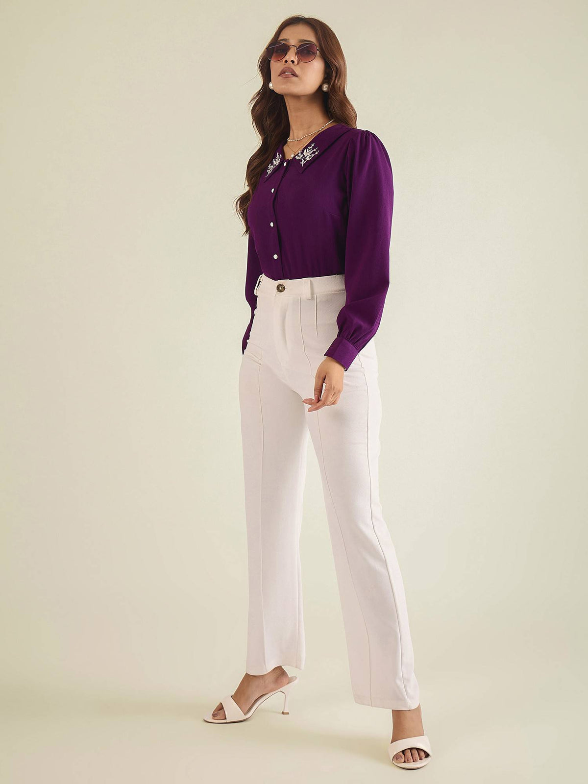 Women Purple Collared Contrast Embroidery Shirt | S67 - view 2