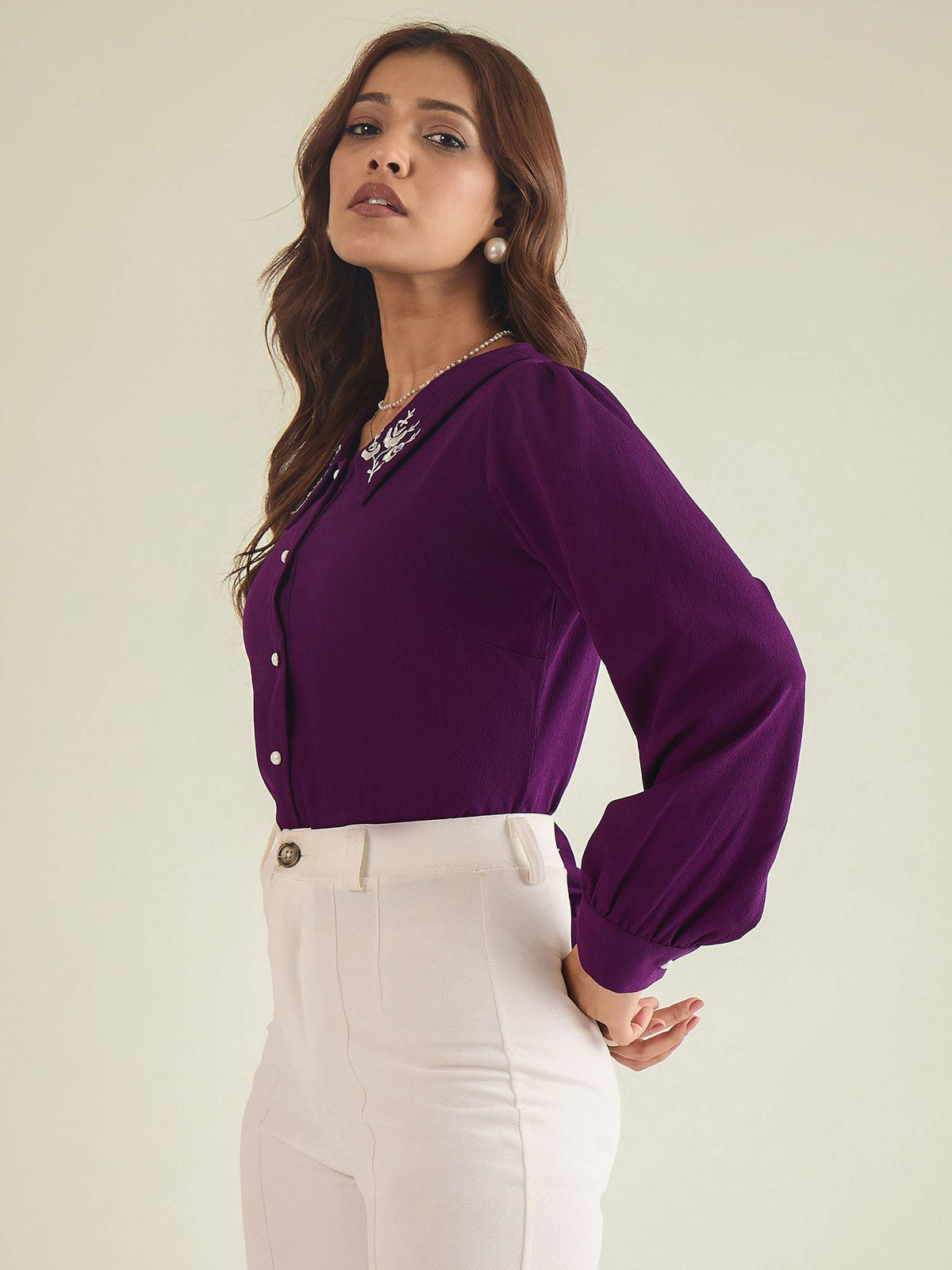 Women Purple Collared Contrast Embroidery Shirt | S67 - view 3