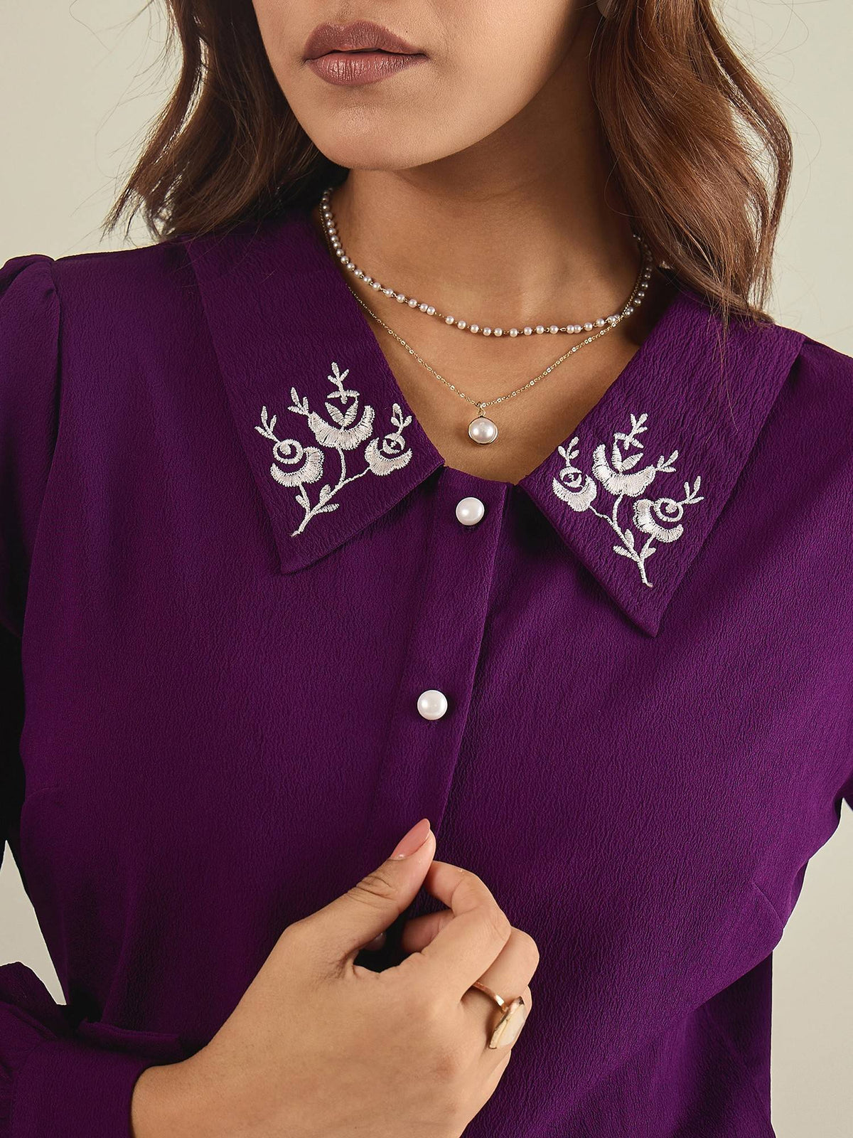 Women Purple Collared Contrast Embroidery Shirt | S67 - view 5