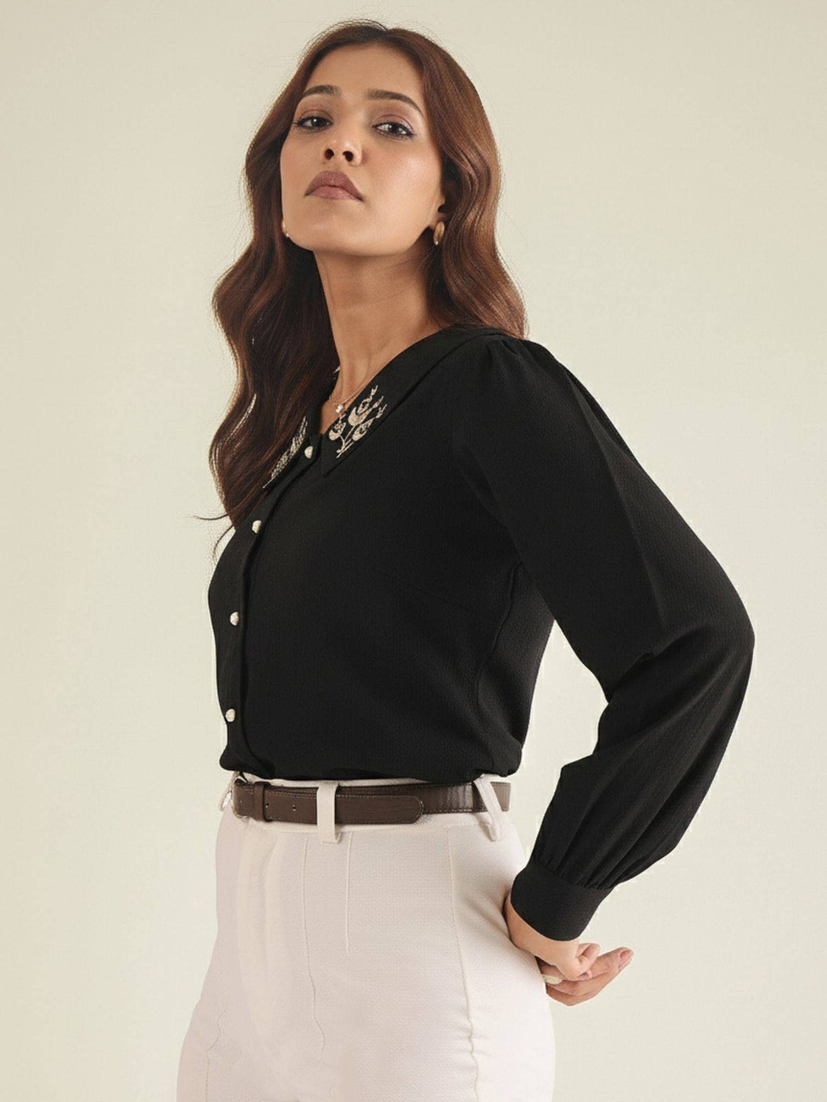 Women Blue Collared Contrast Embroidery Shirt | S67 - view 8
