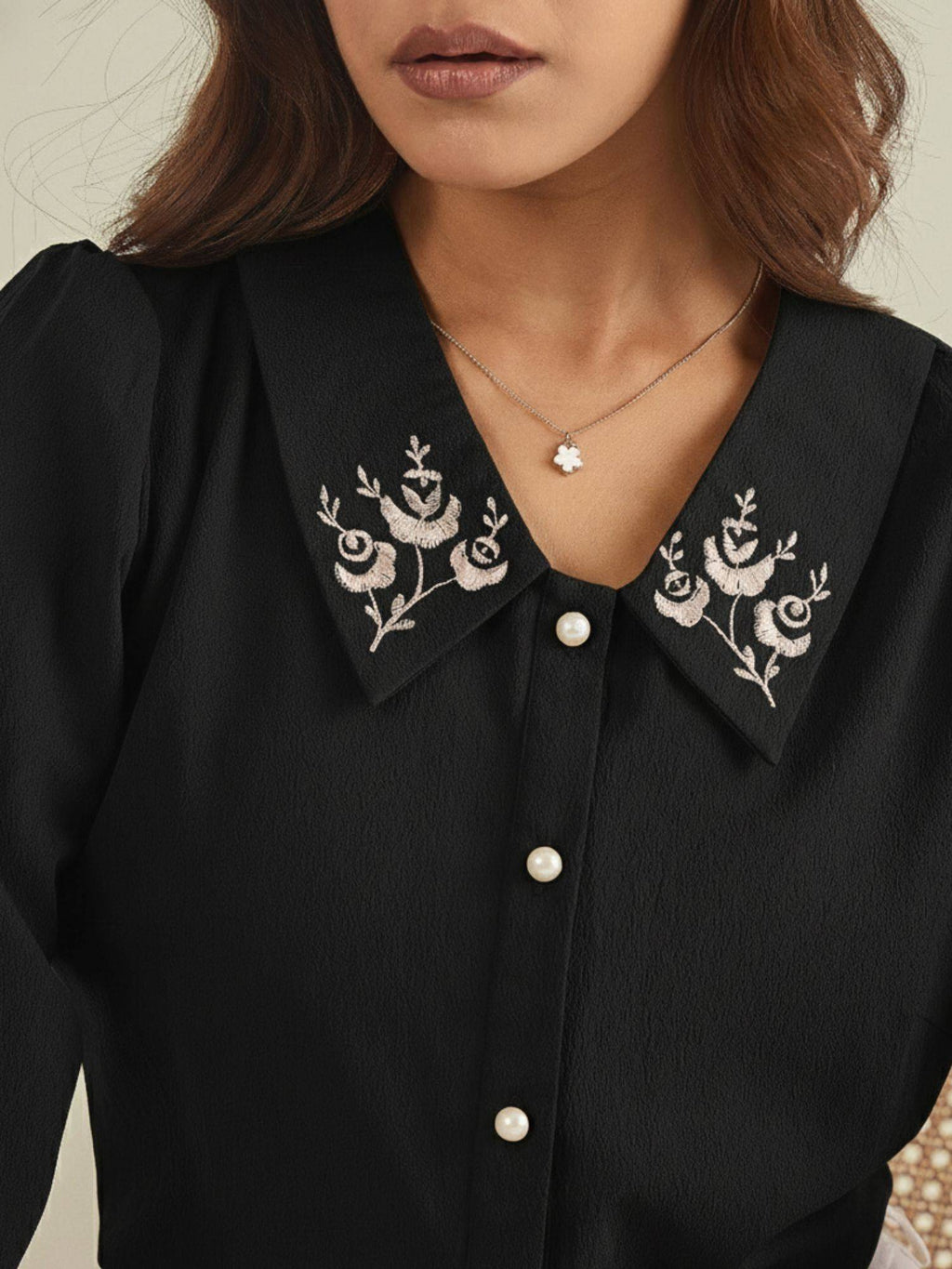 Women Blue Collared Contrast Embroidery Shirt | S67 - view 11