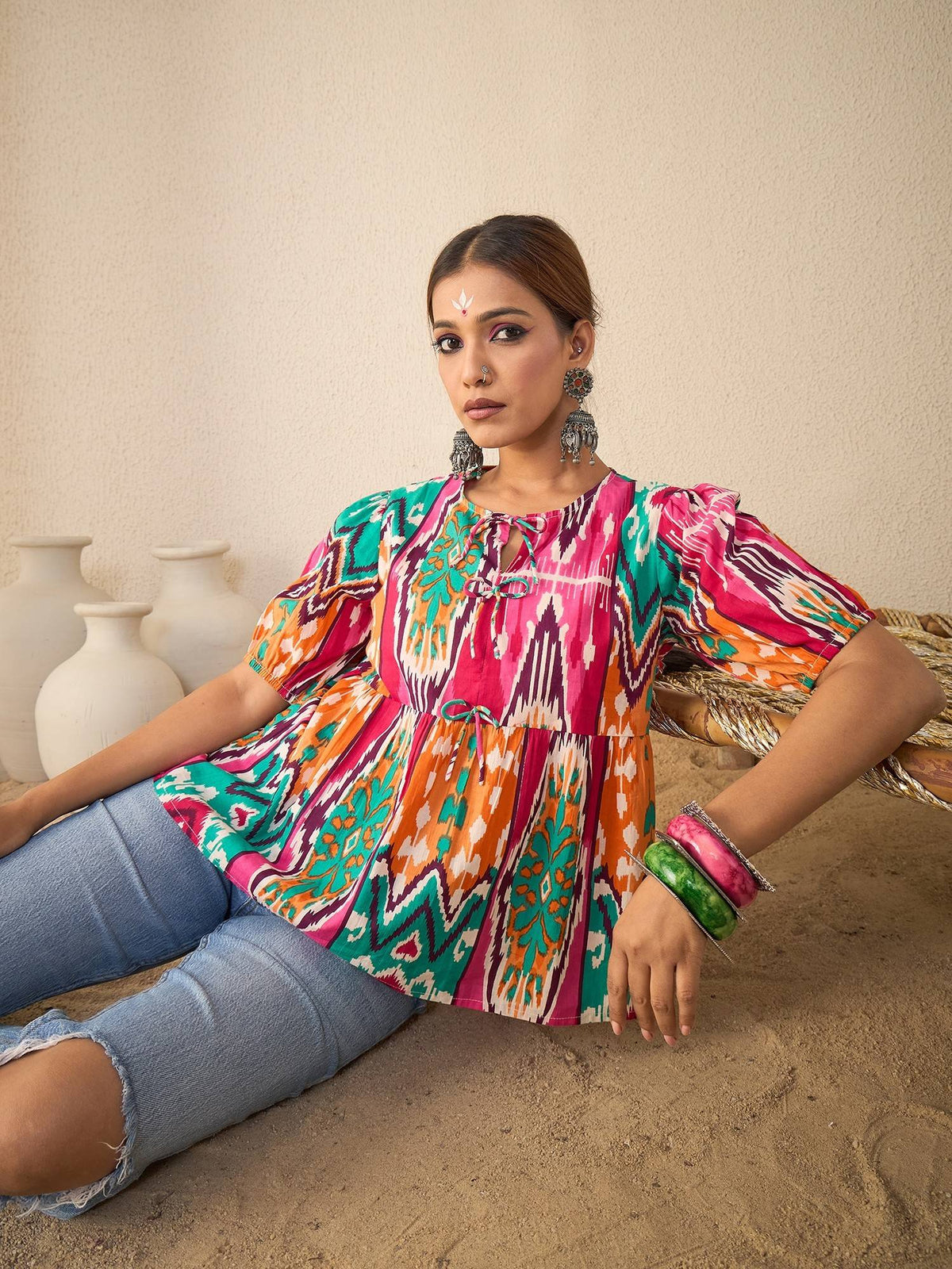 Multi-Color Women Cotton Bow Detailed Peplum Top | pt51 - view 1