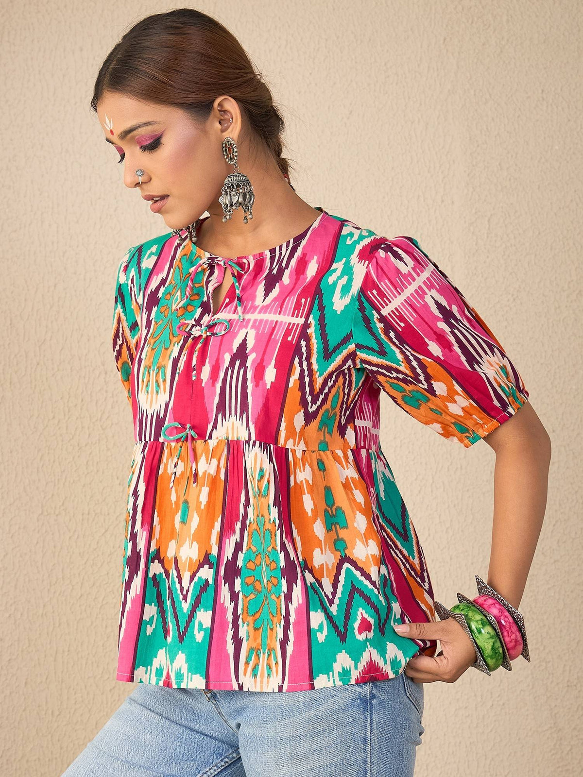 Multi-Color Women Cotton Bow Detailed Peplum Top | pt51 - view 2