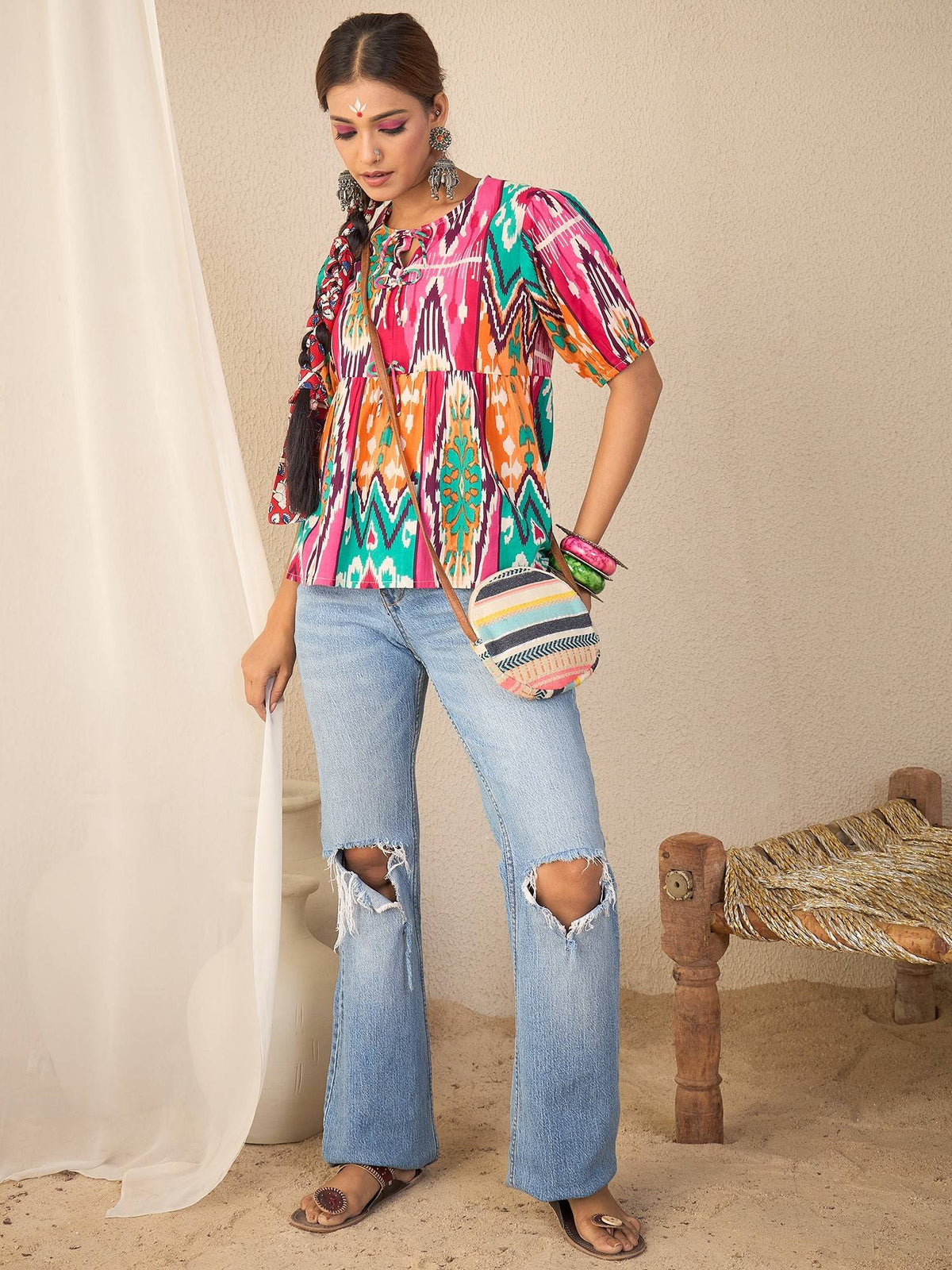 Multi-Color Women Cotton Bow Detailed Peplum Top | pt51 - view 5
