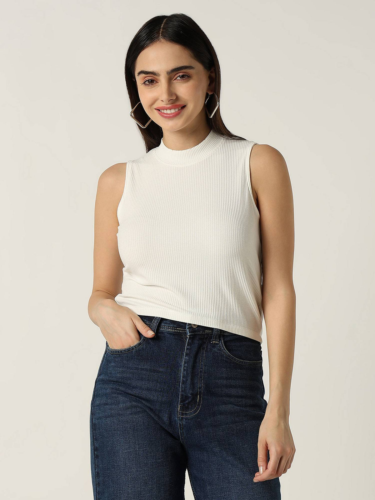 Women Ivory Textured Slim Tank Top | TT98 - view 1