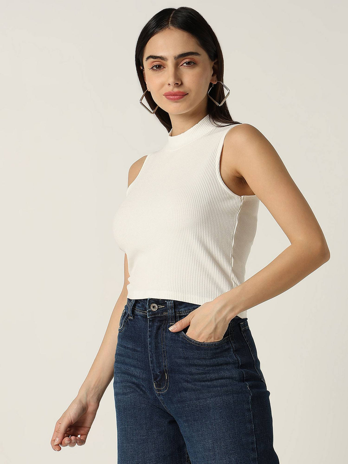 Women Ivory Textured Slim Tank Top | TT98 - view 3