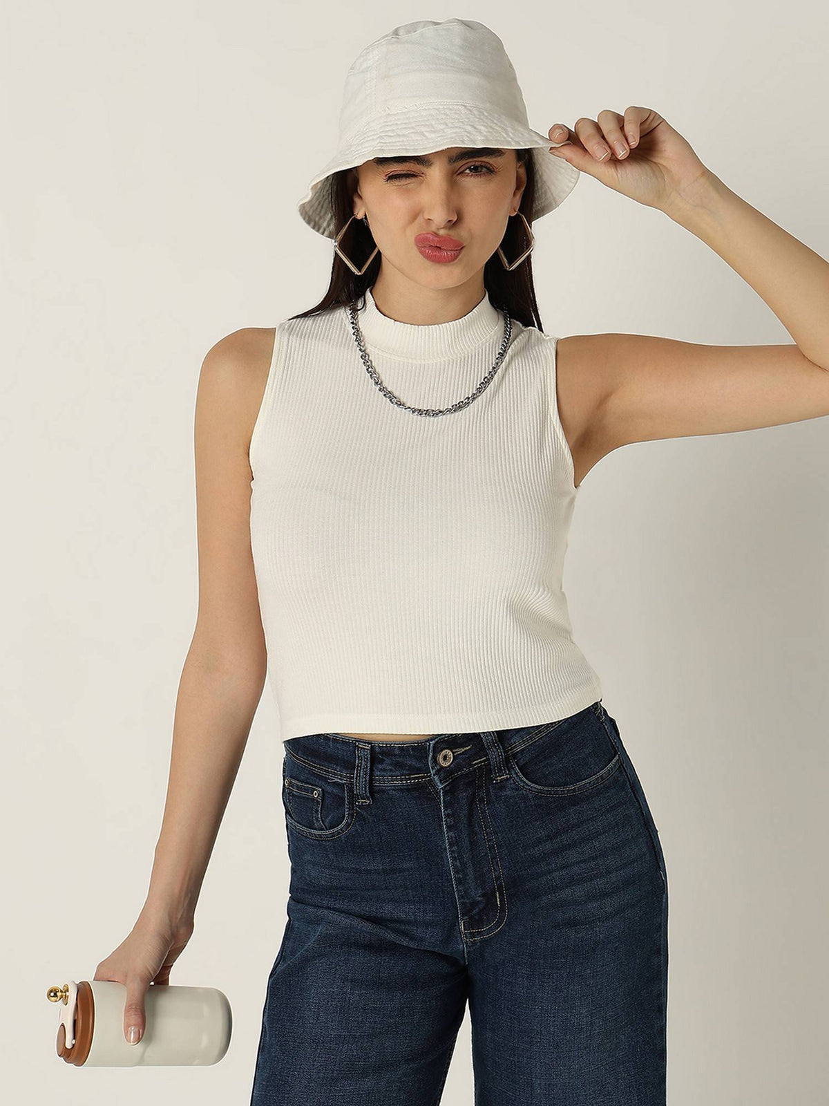Women Ivory Textured Slim Tank Top | TT98 - view 5