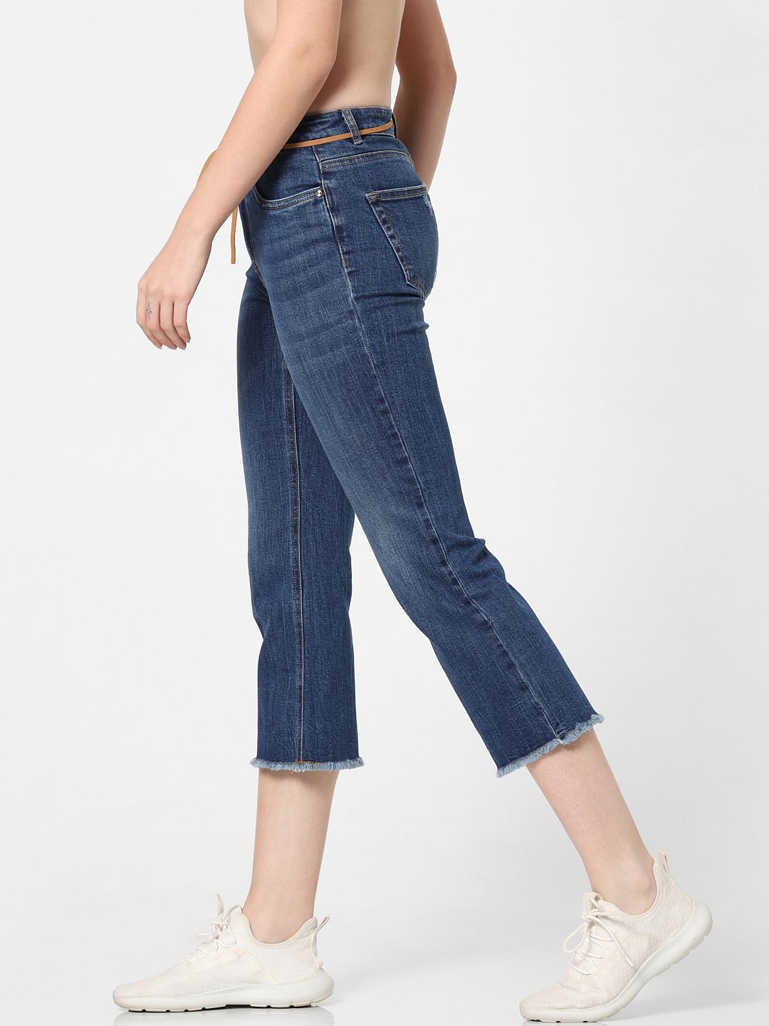 Dark Blue Mid Rise Cropped Flared Jeans